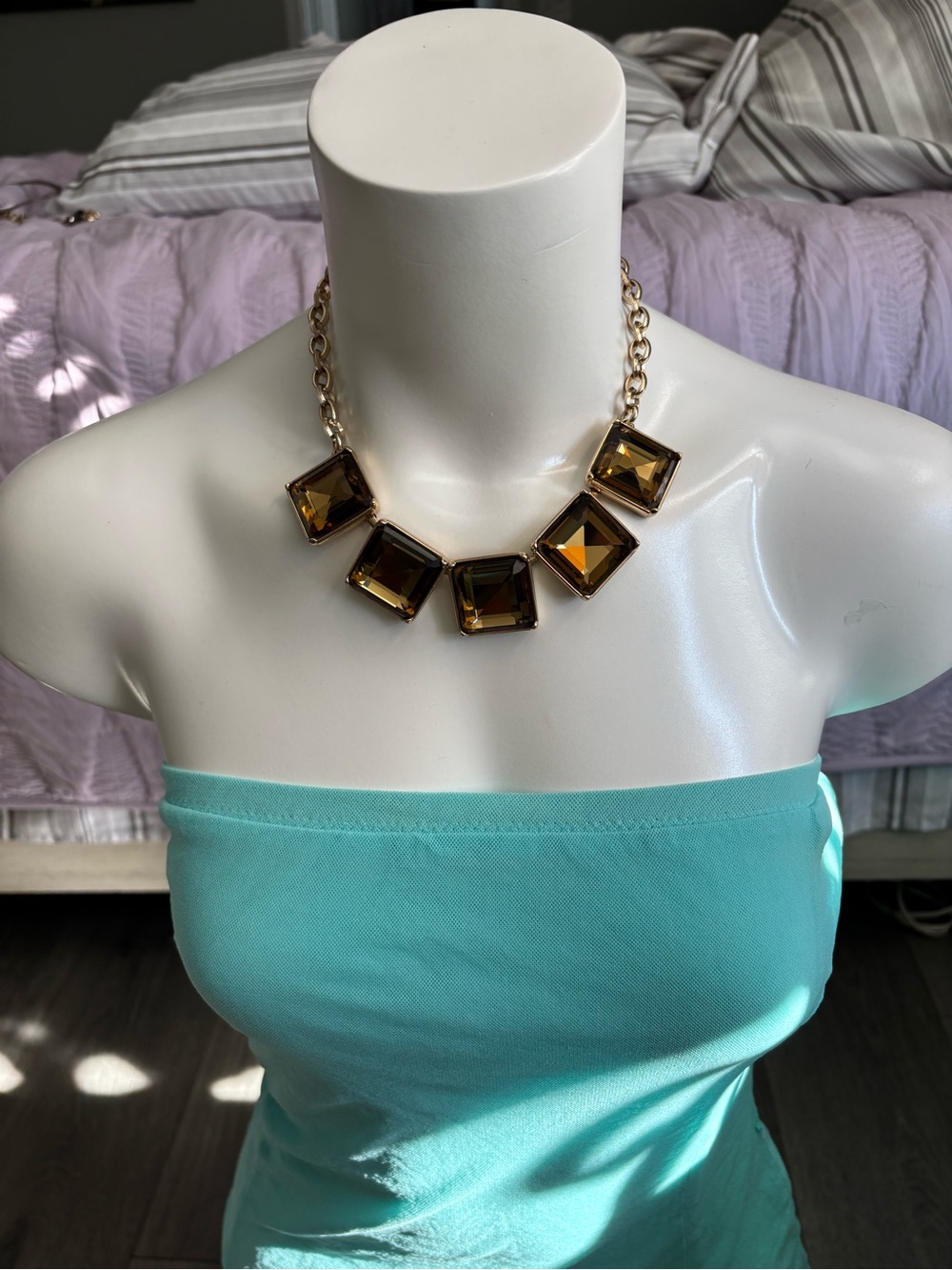Gold-Tone Statement Necklace with Amber Square Crystals